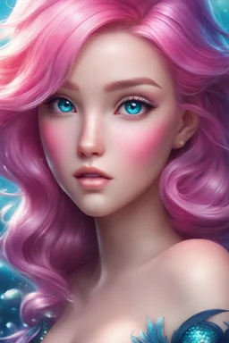 a cartoon mermaid with pink hair and blue eyes, fairy cgsociety, marc brunet, as seen on artgerm, carlos ortega elizalde, artgerm on artstation pixiv, artgerm. anime illustration, extremely detailed artgerm, featured on artgerm, realistic anime 3 d style, anime barbie doll