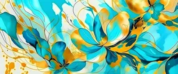 Abstract marbled ink liquid fluid watercolor painting texture banner illustration - Turquise petals, blossom flower swirls gold painted lines, isolated on white ... See More By Corri শেইযিংের।