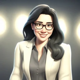 a portrait of smiling woman wearing ivory blazer with white shirt inside. long black hair, messy hair. light skin. black eye pupils. big nose. pear face shape. wearing small rectangle glasses, transparent glasses frame. thick eyebrow. pixar style. caricature. 3D. 4k. portrait. highly detailed. sharp focus. high resolution. full color. cinema lighting