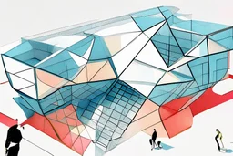 Architectural drawing of a Neofuturistic art museum, (((isometry))), ultra quality, people, treets