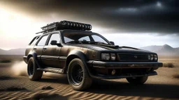 “Create a hyper-realistic image in the cinematic style of Mad Max, featuring a weathered and rusty black 1998 Honda Civic as the main subject. Position the car on a dusty desert road with a sandstorm swirling in the background. Ensure meticulous attention to detail to capture the mood of a futuristic environment, accentuating the post-apocalyptic essence of Mad Max's cinematic aesthetic.”