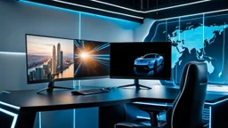 close up in the foreground a big hd pc monitor stands on a modern desk with black monitor, in the background a futuristic studio, ((blue and white neon lights)), a couple of modern, black office chairs, detalied, photo