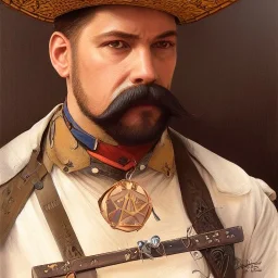 portrait,"Insanely detailed photograph of a mustachioed crossbowman", charo detailed, sequenced Sombrero, detailed D20 flair, digital painting, artstation, concept art, smooth, sharp focus, illustration, art by artgerm and greg rutkowski and alphonse mucha, 8 k