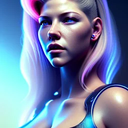 Katheryn Winnick, hyper realistic, cyberpunk style, shaved hair, latex, gradient color, BLUE, PINK, CYAN, neon, insanely detailed, 16k resolution, perfect eyes, cinematic smooth, intricate detail