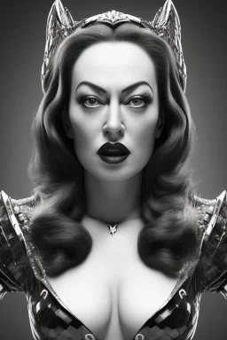 Joan Crawford as evil queen in black leather, busty, cleavage, dominatrix, curvy, angry, stern look. unreal 5, octane render, cinema4d, dynamic lighting, dramatic lighting, 4k, redshift render, highly detailed, hyper realistic,anthropomorphic black wolf long