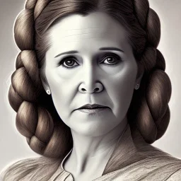 hyperspace background, complete and photo realistic detailed head to waist stunning photo realistic portrait of carrie fisher as Princess Leia in star wars with photo realistic updo hair by Mandy Jurgens and mucha and Richard Schmid and chuck close and chie yoshii, extraordinary and detailed ceremony dress of star wars,brown eyes