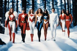 [bokeh color photo by Helmut Newton] Alpha Flight the team of Canadian superheroes appearing in American comic books published by Marvel Comics, they are led by Mlle Quebec wearing a spandex superhero costume with a fleur-de-lys symbol on the chest, Vindicator the guardian, Northstar, Sasquatch, Shaman, Snowbird