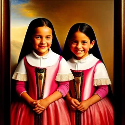 portrait of sisters Eira Santiago Arnau 10 year old and Dalia Santiago Arnau 6 year old by Velazquez,smiling, oil on canvas, cinematic composition, extreme detail,8k,fit full head inside picture,