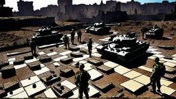 Israeli soldiers and tanks stand on a very large chessboard in the middle of a destroyed city