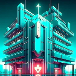 cyberpunk retro futuristic hospital building with cross sign for comics