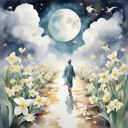 person walk like the Prophet Muhammad background with alot of white Daffodil flower in the floor , clouds with moon of Ramadan in the sky with small birds in sky, watercolor