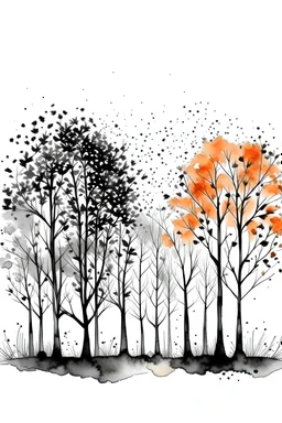 Watercolor black and white far away trees with orange little flowers on the trees