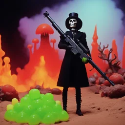 [1960’s stop-motion animation style] a 70s gun advertisment video TV advertisement featuring A goth 24 year model holding a rifle as a toy character made out of gelatinous slime and jello, as a claymation character toy from a claymation horror movie in burning rainbow land, from hell, skeleton aliens from damnation, creepy Videos black eyes, eyeballs everywhere , as old advertisement shot on video VHS