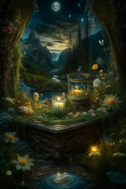 Hyperrealism against the background of a spring landscape in the forest +mirror with a tsunami whirlpool +mountains +ritual +candles+dried flowers+wildflowers+moss++decoupage of flowers+embroidery technique+braided beads+vine+moonlit night,fabulous landscape,surrealism,realism,naturalism,dot technique,microdetalization,high detail objects,digital illustration,volumetric clarity,dark fantasy,dark botanical, professional photo