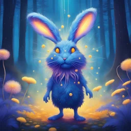 Bipedal creature resembling a rabbit with fur in shades of blue blue-green and blue-violet with a fur-mask of cream around the eyes and a yellow-orange flower petal on head that drifts down and rains glowing white-pink pollen down background fantasy forest with giant dandelion seeds in neon sparks cartoon art style