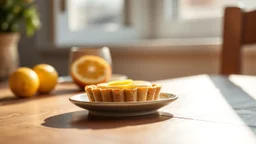 close up single delicates tart cake filled citrone creme on a small ceramic plate on a wooden table. professional food photo, Natural, warm sunlight streams in from a window on the left, casting pleasant shadows and creating a cozy, relaxed morning atmosphere