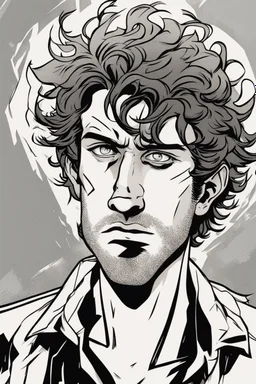 deranged young man with scruffy hair, stubble and a judgmental look on his face comic book style