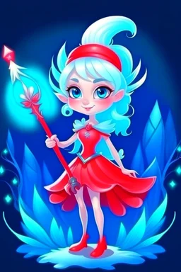 fantasy cartoon style illustration: mischievous ice fairy with shiny red magical wand