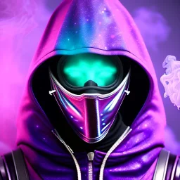 purple galaxy masked hooded super villain, weapons in hands, teal and purple smoke, full portrait, hyper realistic, 4k