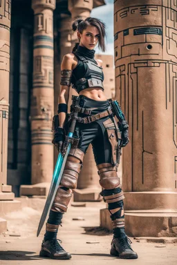 teen woman in retro-futurist cyberpunk costuming with pants leaning to the side with shoulder against a stone pillar of a Egyptian + cyberpunk post apocalyptic building, 2 swords in scabbards at hip