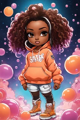 Create an colorful urban comic book illustration of a chibi cartoon black female thick curvy wearing a cut of peach hoodie and white jeans and timberland boots. Prominent make up with long lashes and hazel eyes. Highly detailed shiny sister locs. Background of a large bubbles all around her