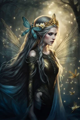 Blonde gold hair , dark gold ,dark Fairy wings,long hair,water lilies,dark fairy princess,nymph,elven crown,dragonflies,tiara,,gothic,glitter,rapunzel hair, very long hair, sparkle,night,