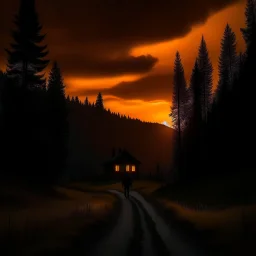 dark night, orange sunset colors in the sky, a lonely cottage with the lights on in the distance on a mountain in the woods, a lonely dark figure walking down the road