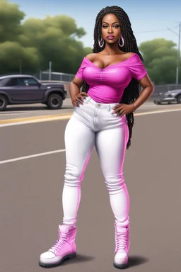 Create a digital airbrush cartoon of a curvy African American female wearing tight white jeans and a off the shoulder hot pink blouse. She is also wearing timberland boots. Prominent make up with hazel eyes. Highly detailed very long extremely braids of black hair. Her skin is smooth and silky. Background of a track of ATV riders.