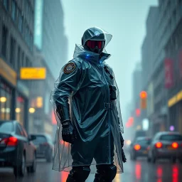 full body color 1920 policeman with exoskeleton wtih heavy rain transparent coat