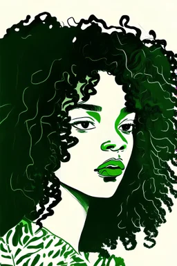 one line painting portrait of black curly hair white girl green leafy background