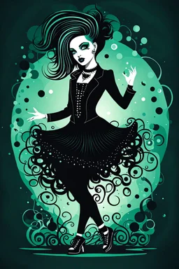 Create a imaginative, whimsical and surreal dancing goth punk girl in the vector graphic style of Nirak1utilizing simple shapes