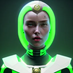 woman, irish, green, heavily made up face, round helmet, decorative color feathers, retro futuristic, latex coat, soft color, highly detailed, art stations, concept art, smooth, unreal engine 5, god rays, ray tracing, RTX, lumen lighting, ultra detail, volumetric lighting, 3d, finely drawn, high definition, high resolution.