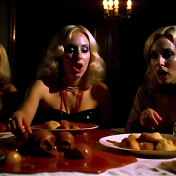 Horror movie shot, spooky, hot, ultra realistic, dine, ultra realistic hot blonde women, party, pieces of meat, organs, ail, dynamic, very excited people, hypermaximalist figures, light, 1970's Italian horror movie, sinister,, Dario Argento, Stanley Kubrik, ornate, 4k, photorealism