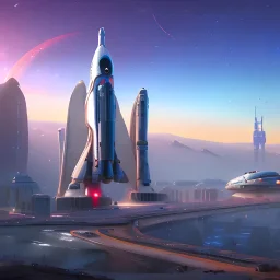 Spaceport on a heavy industrialized planet with a vibrant city in the background and a starting spaceship in the foreground, art by John Berkey, buildings with glass facades, insanely detailed, vibrant, 8k uhd, cinematic atmosphere, ultra-wide angle, street level view, brush strokes, blue sky with clouds, sharp focus