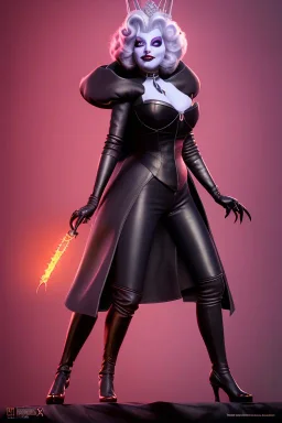 Mae West as evil queen in black leather, leather, busty, cleavage, angry, stern look. character design by cory loftis, fenghua zhong, ryohei hase, ismail inceoglu and ruan jia. unreal engine 5, artistic lighting, highly detailed, photorealistic, fantasy