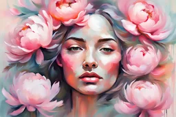 painting of a womans face and peonies in bright or soft pastel colors, in graphic impressionistic messy style