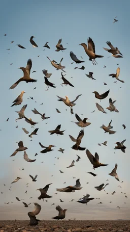 Many birds in the sky, carrying stones in their legs