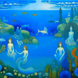 A blue reef filled with mermaids painted by Georges Seurat