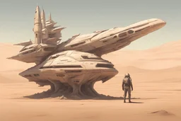 Side view,concept art,desert with spaceship and lots of detail