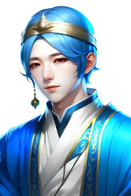 A white-skinned Korean person with blue hair, black eyes, and wearing a royal outfit