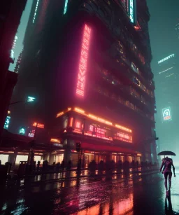 3D, beautiful, light reflecting, empty city at night, rainy night, neon, cyberpunk, person with helmet walking