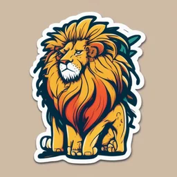 A sticker design in a minimalistic style featuring a caricature anthropomorphic lion in vivid colors. The subject is presented alone on a neutral background.