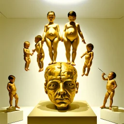 a huge golden brain supported by very small beautiful Asian female human bodies, complex surgical instruments mix a newborn boy between light and shadow, surrealism, symbolism, minimalism, sculpture by Lucian Freud, Rene Magritte, Salvador Dali