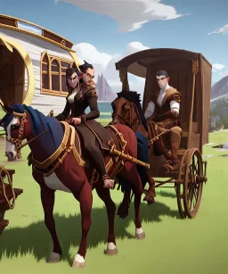 Fantasy Adventurers inside a traveling caravan, horse carriage