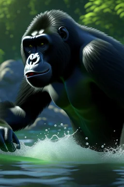 /imagine prompt: realistic, personality: [Capture a close-up shot of the Male Mountain Gorilla diving into the river, its body partially submerged in the water. Water splashes around it as it fights against the strong current, trying to change its course. The determination and strength on the cheetah's face are evident]unreal engine, hyper real --q 2 --v 5.2 --ar 16:9