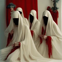 no face A fashion photography of a group wearing traditional Middle Eastern , no face in a white studio with a red scarf around the head and a long skirt, posing for Vogue magazine in the style of James Bidgood photographed in the style of Tim Walker. --ar 101:128 --v 6. 0