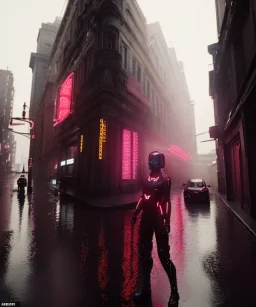 3D, beautiful, light reflecting, empty city at midnight, rainy night, neon, cyberpunk, person with helmet walking