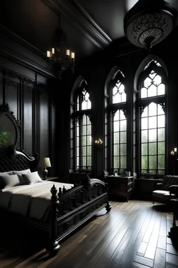 Design the interior decoration of a bedroom with a lot of natural light and modern with a dark color theme in Gothic style