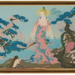 jolie femme slave avec des ailes irisés et une robe de princesse entourée de cerisiers du japon et de cascade d'eau transparente et bleuté