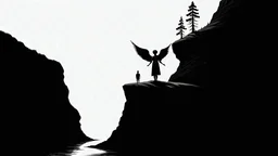 A figurative and surrealistic painting by Kay Sage and Remedios Varo with hot oil on matte canvas of an angel standing on a dark mountain cliff with a river flowing below and surreal and haunting trees.